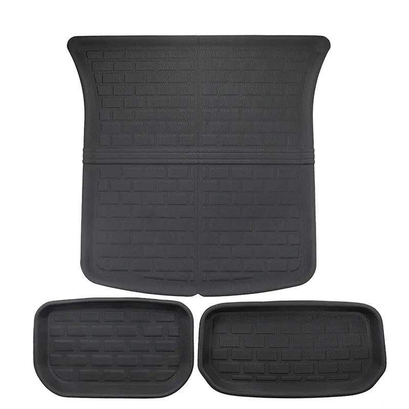 TPR material floor mats for Tesla Model Y, showing foot mats, storage box mats, and tailbox mats.