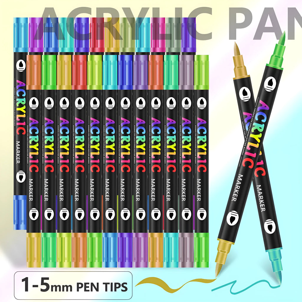 Set of double-headed acrylic marker pens with quick-drying washable opaque colours