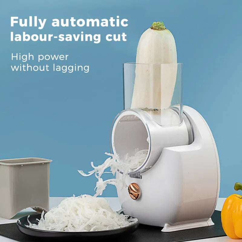 White electric vegetable slicer with three blade pairs and strong suction base for kitchen use