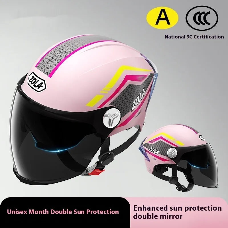 Children's 3C battery motorcycle half helmet with double mirror visor in light brown colour
