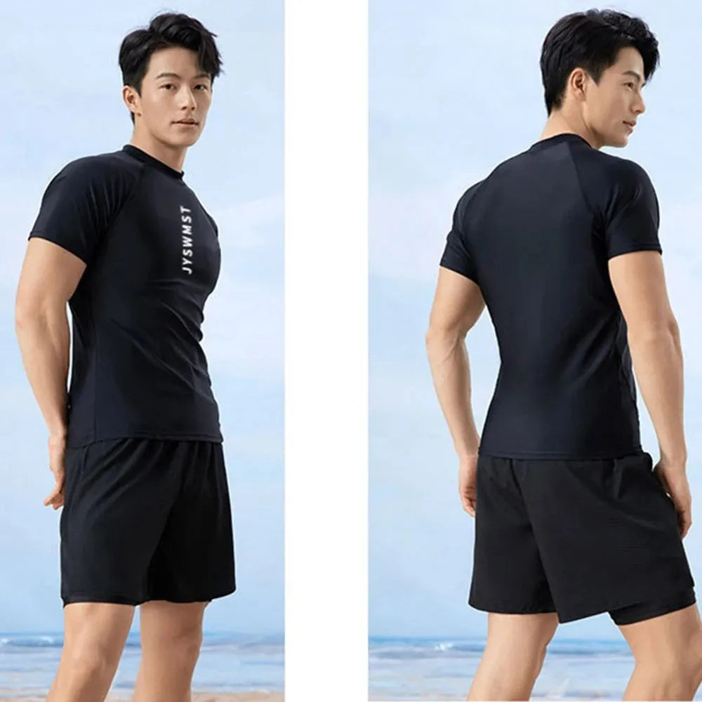 Men's plus size polyester swimming trunks and top set in multiple colour options.