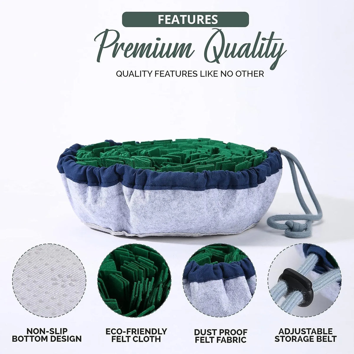 Blue adjustable fabric snuffle mat for dogs with hidden treat pockets.