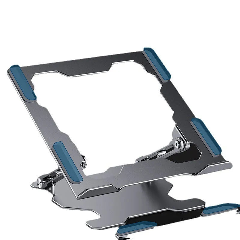 Grey aluminum laptop stand in folded position showing adjustable mechanism and silicone protection points