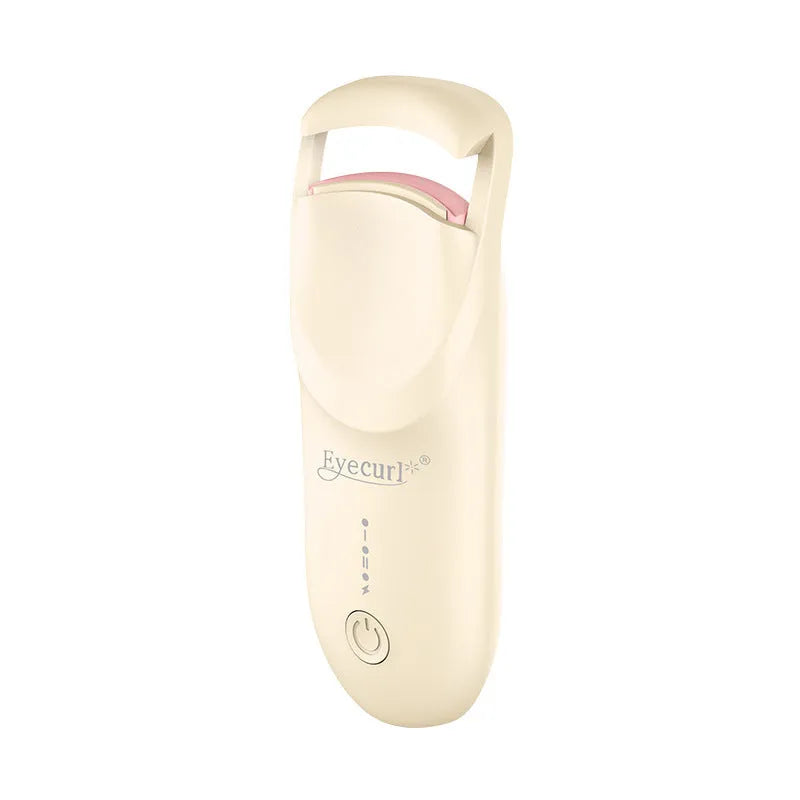 USB-C rechargeable electric eyelash curler in cream white, maca pink, or vanilla apricot colour with ceramic heating plate.