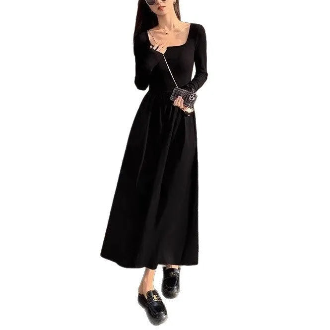 Women's square collar knitted dress with long sleeves, elastic waist, and A-line long skirt in grey.