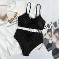 Black women's bikini swimsuit with high-waist shorts and sling split design.