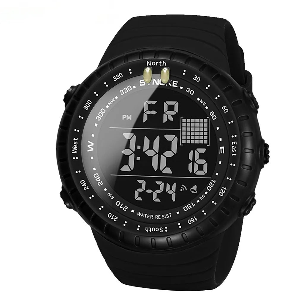 Black men's waterproof outdoor electronic watch with plastic case and PU strap
