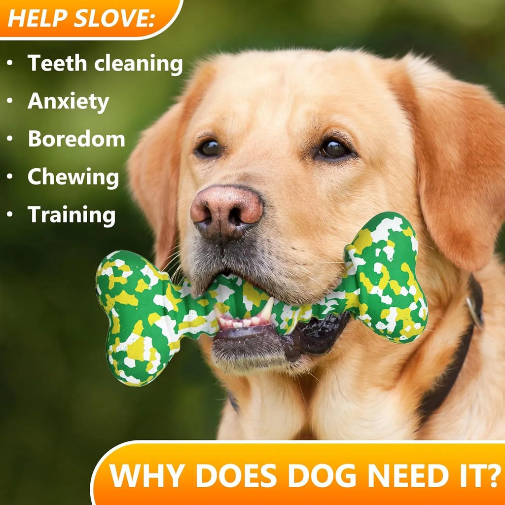 Natural rubber dog chew toy with camouflage pattern for large breed aggressive chewers in green, white, and yellow colours