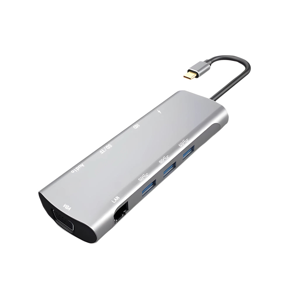 Grey USB C docking station with HDMI, VGA, and USB 3.0 ports for laptop connectivity