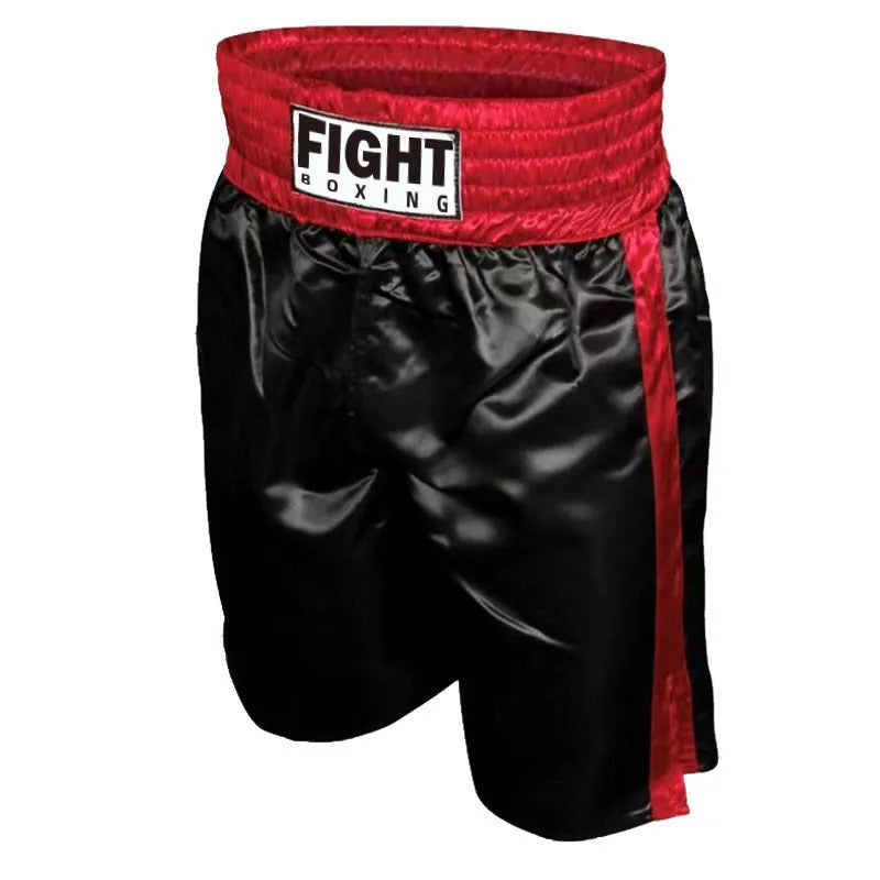 Boxing shorts in multiple colour options including black and red, and black and white side stripes.