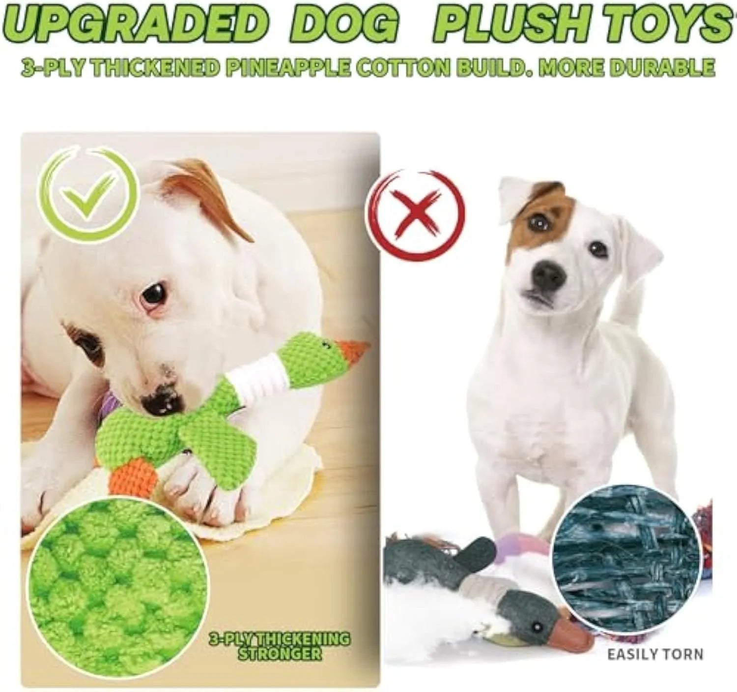 Blue durable pineapple cotton duck dog plush toy with squeakers on a white background.