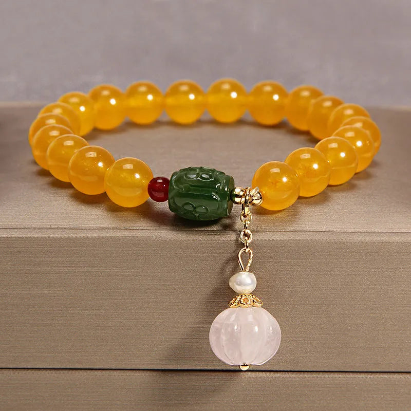 Yellow agate crystal bracelet with gold silk thread in khaki colour, Japanese Korean style women's jewellery
