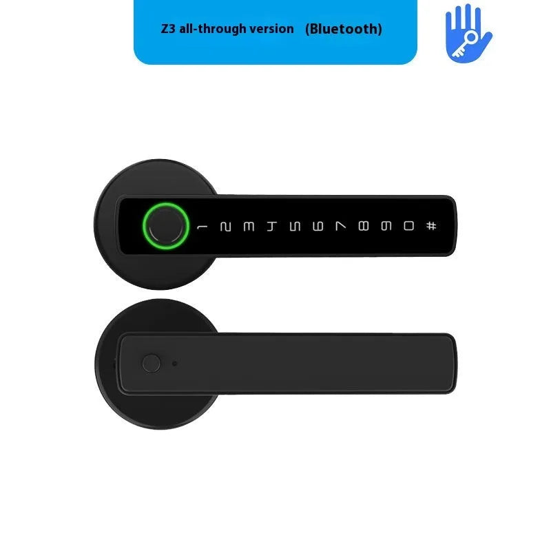 Black single handle smart door lock for wooden interior doors with fingerprint scanner and keypad.