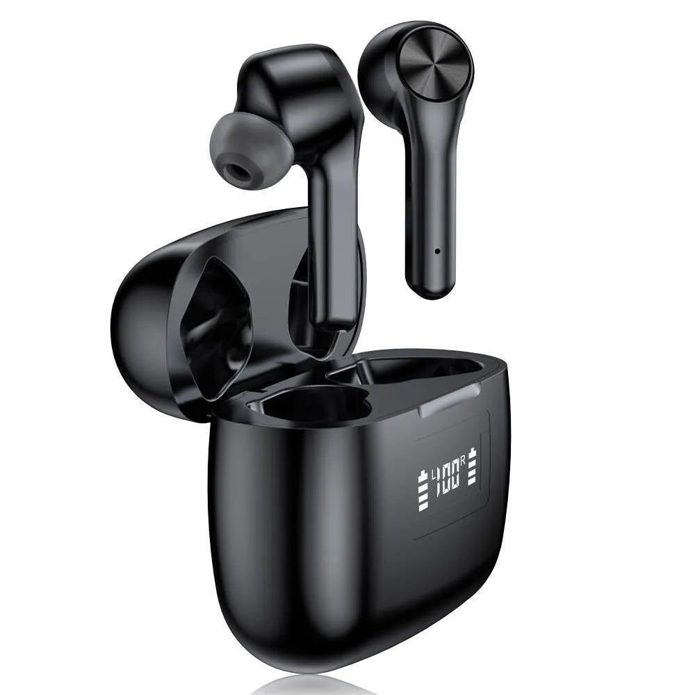 Cool black wireless noise cancelling earphones with touch controls and charging case.
