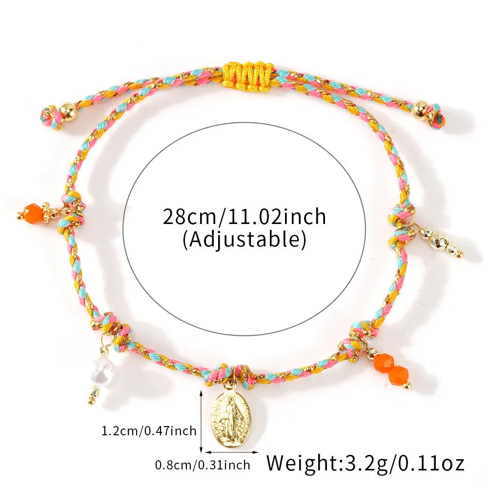 Women's adjustable woven bracelet made from colourful braided rope with a strap tag.