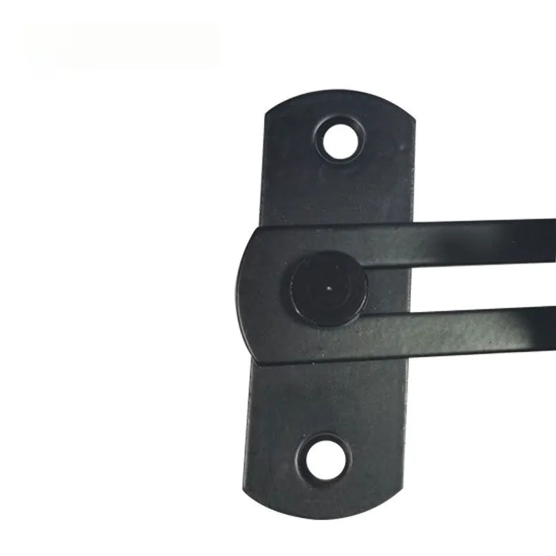 Black carbon steel warehouse hook lock with a 90-degree flat shackle for sliding barn doors.
