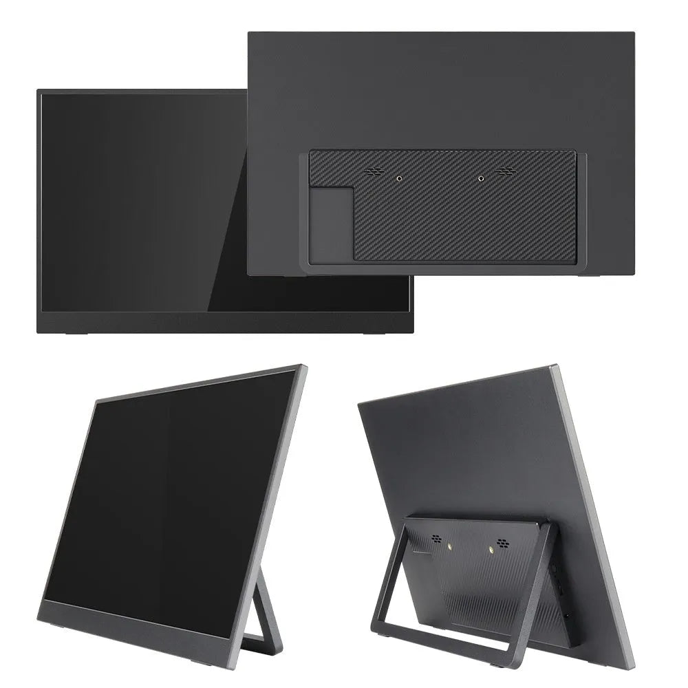 Black 15.6-inch portable computer monitor on an adjustable stand with HDMI and USB cables.