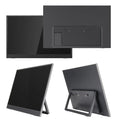 Black 15.6-inch portable computer monitor on an adjustable stand with HDMI and USB cables.