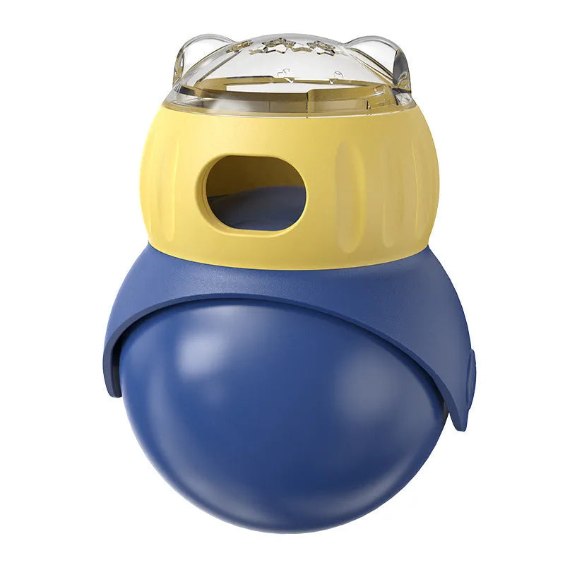 Yellow and blue owl tumbler cat puzzle feeder for dry food dispensing