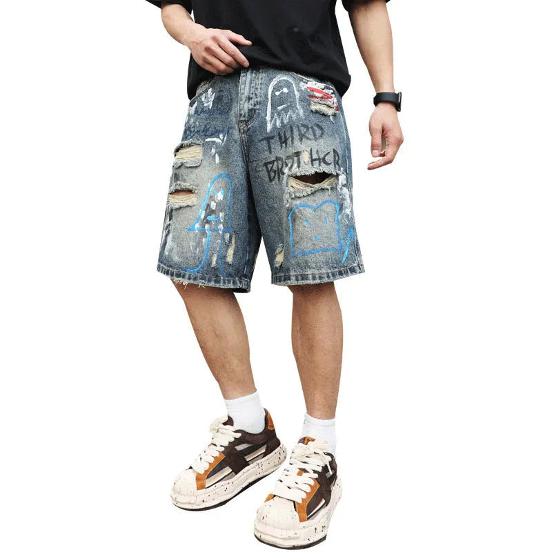 Blue men's ripped denim shorts with a straight leg cut and zip fly front.