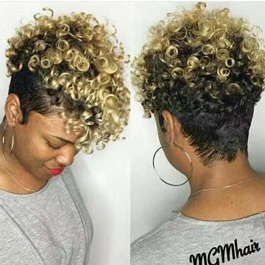 Short black synthetic wig with simple rolls in an exotic style on a model