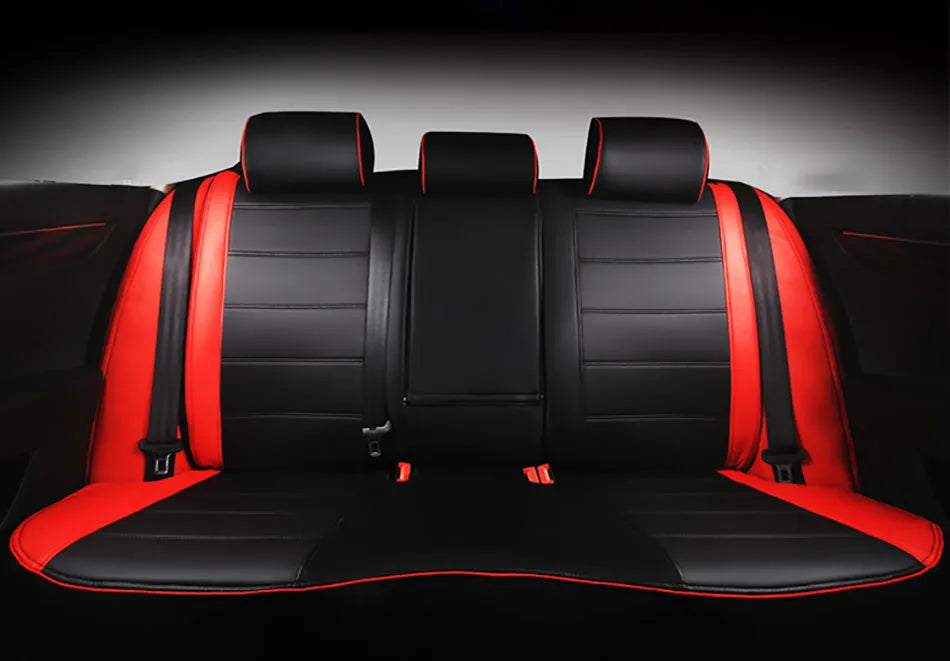 Universal fit car seat cover in cow leather, shown in beige and black with red line colour options.