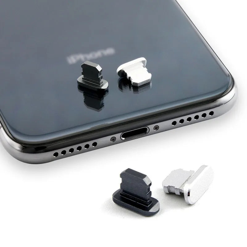 Aluminium alloy dust plug for iPhone charging port in various colours.