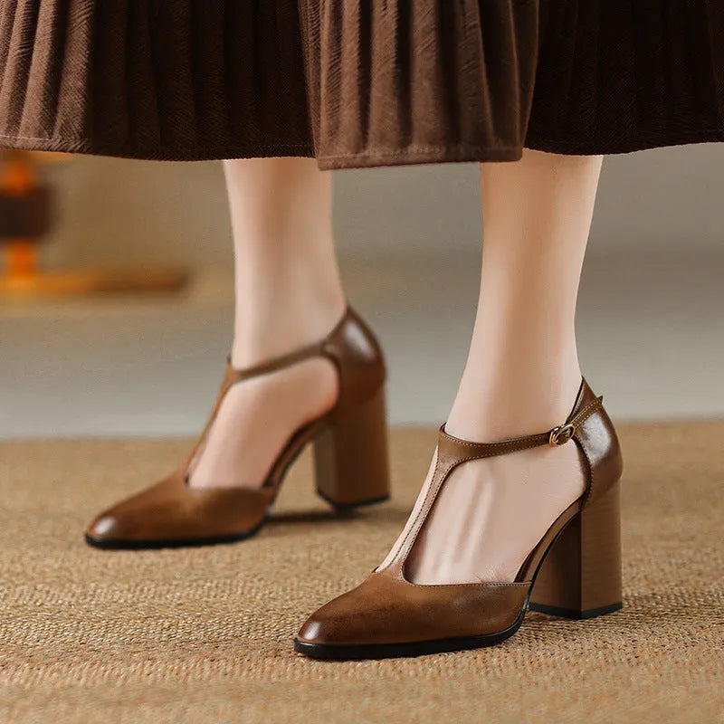 Women's retro pointed Mary Jane buckle shoes with hollow design in first layer cowhide