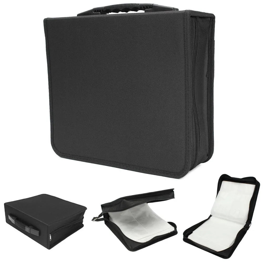 Black Oxford fabric CD DVD storage binder with a zipper and top carry strap, showing capacity for hundreds of discs.