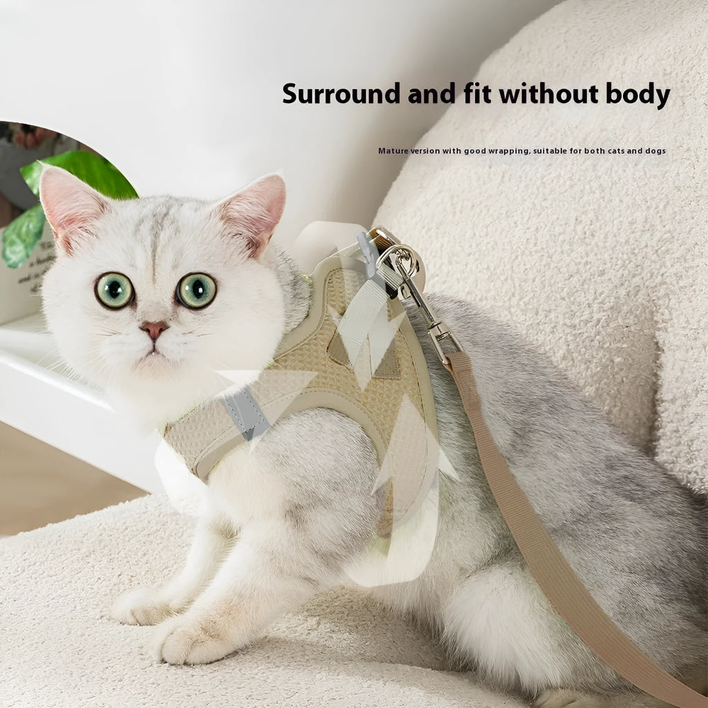 Cloth cat harness with chest strap and integrated hand holding rope in brown colour
