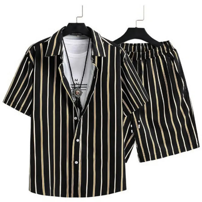 Men's digital print casual suit with short sleeve shirt and matching shorts in flexible polyester fabric