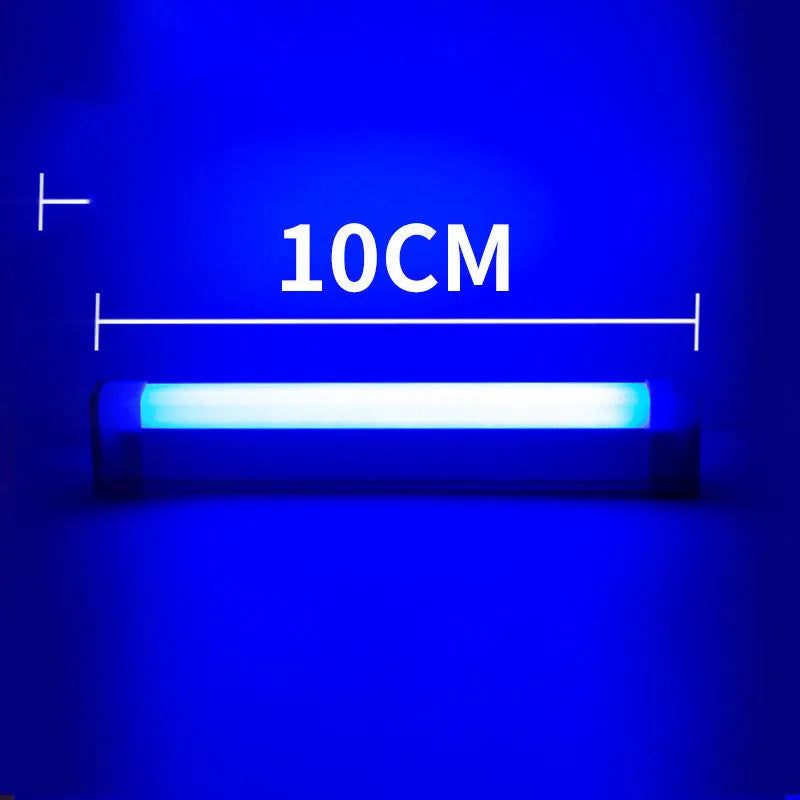 Blue and purple rechargeable LED tube lights in 17cm, 32cm, and 52cm lengths with dimmable control.