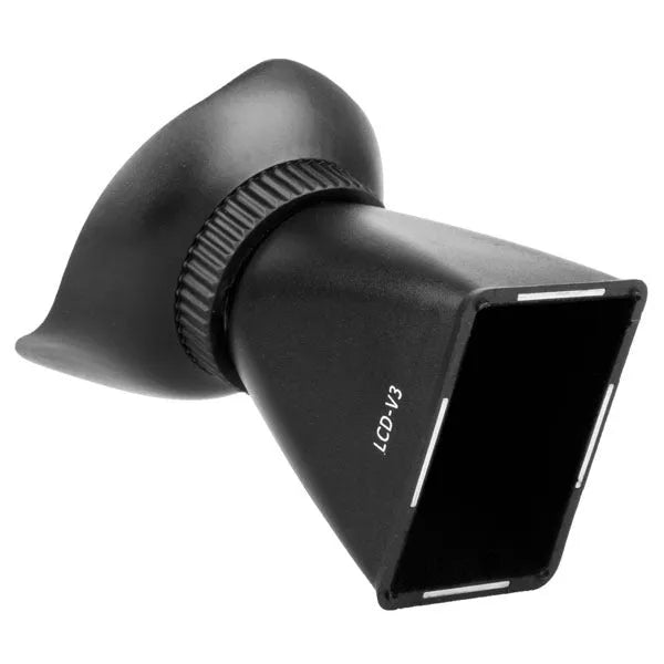 Black camera LCD viewfinder amplifier with magnetic mount attached to a DSLR screen.