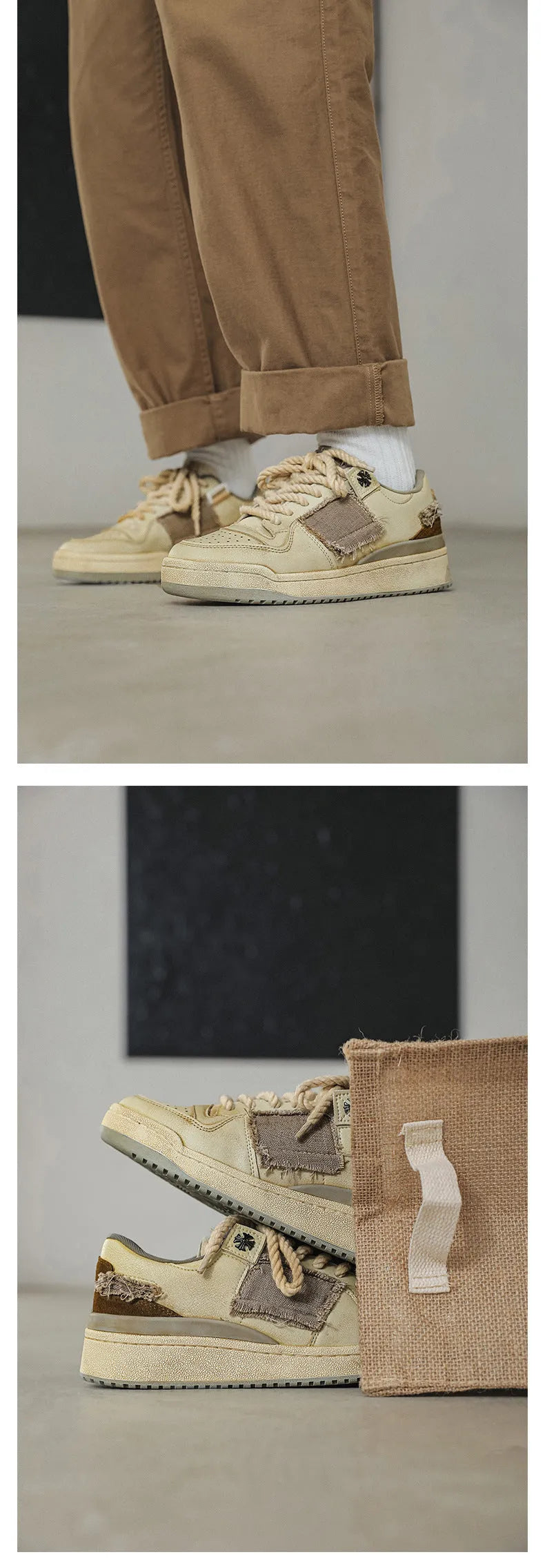 Beige low-top skateboard shoes with microfiber upper and rubber soles on white background