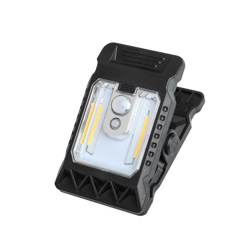 Compact black clip-on human body induction lamp showing dimensions and IP65 rating.