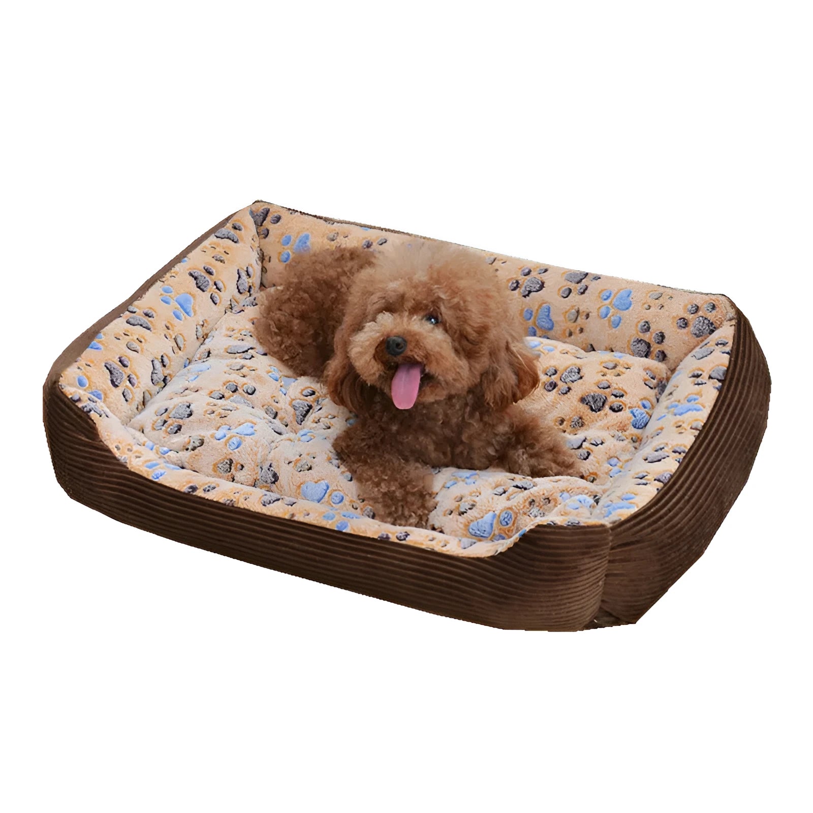 Beige soft plush dog bed with raised edges shown in a home setting.