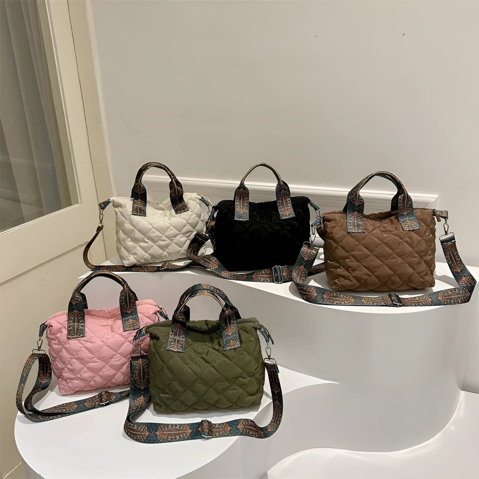 Oxford cloth messenger bag in horizontal square shape with single shoulder strap and sandwich pocket