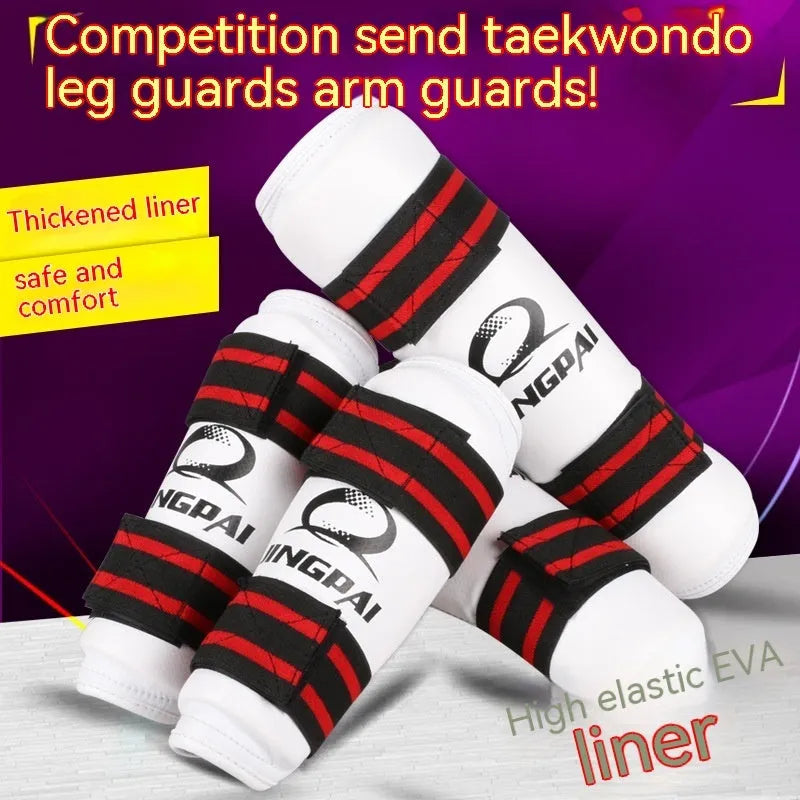 Taekwondo protective gear set showing PU EVA foam arm bands and leggings in sizes S M L XL.