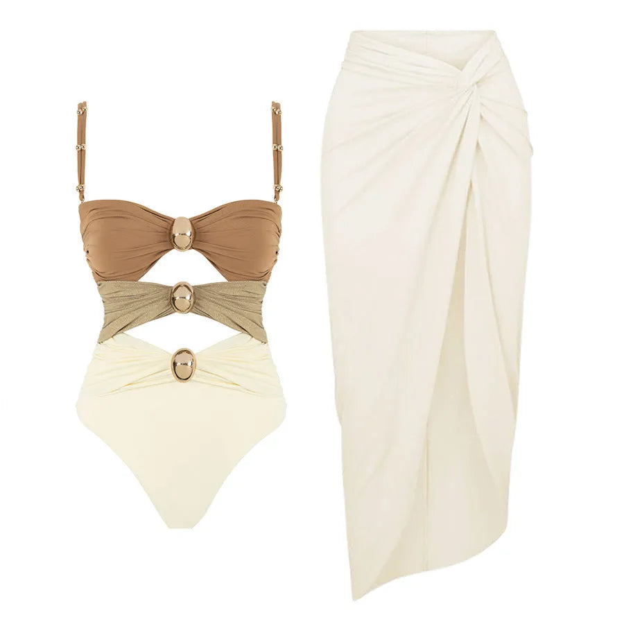 Women's gold button one-piece swimsuit with removable skirt in solid colour option