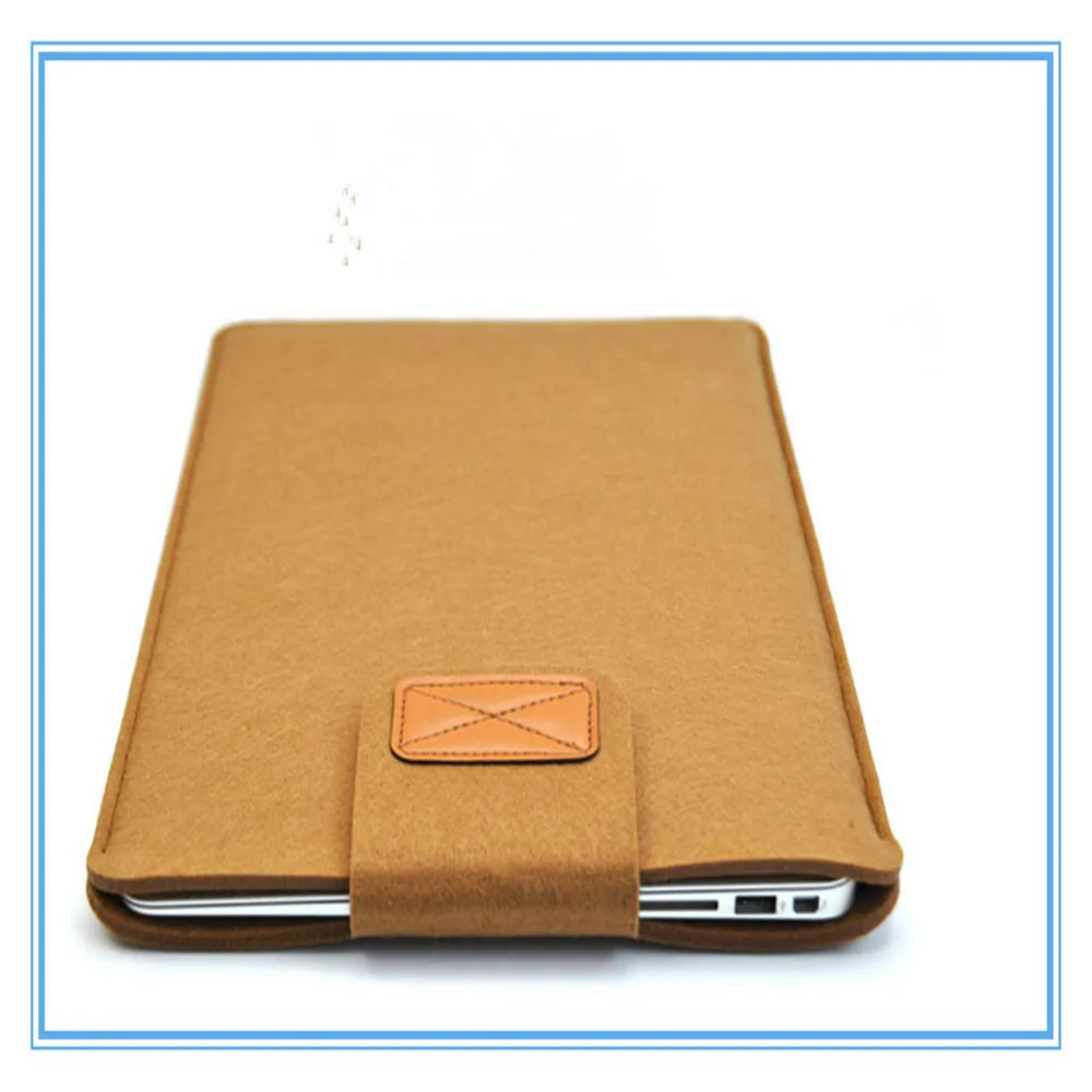 Clamshell laptop bag in khaki with woven plush exterior, shown open to reveal tablet felt liner and corner protector