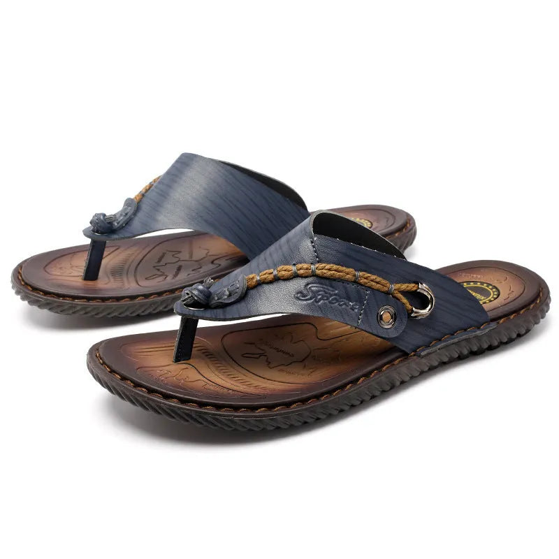 Men's dark blue herringbone pattern outdoor slippers with a rubber sole, shown in a plus size.