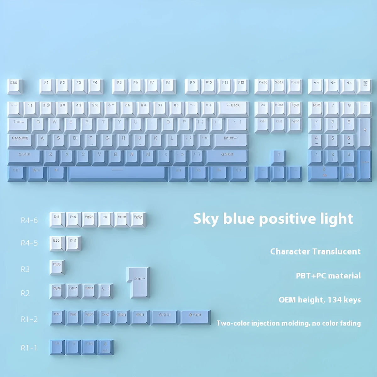 134-key PBT mechanical keyboard keycap set in sky blue gradient with positive engraving, OEM height, 290 x 160 x 30 mm