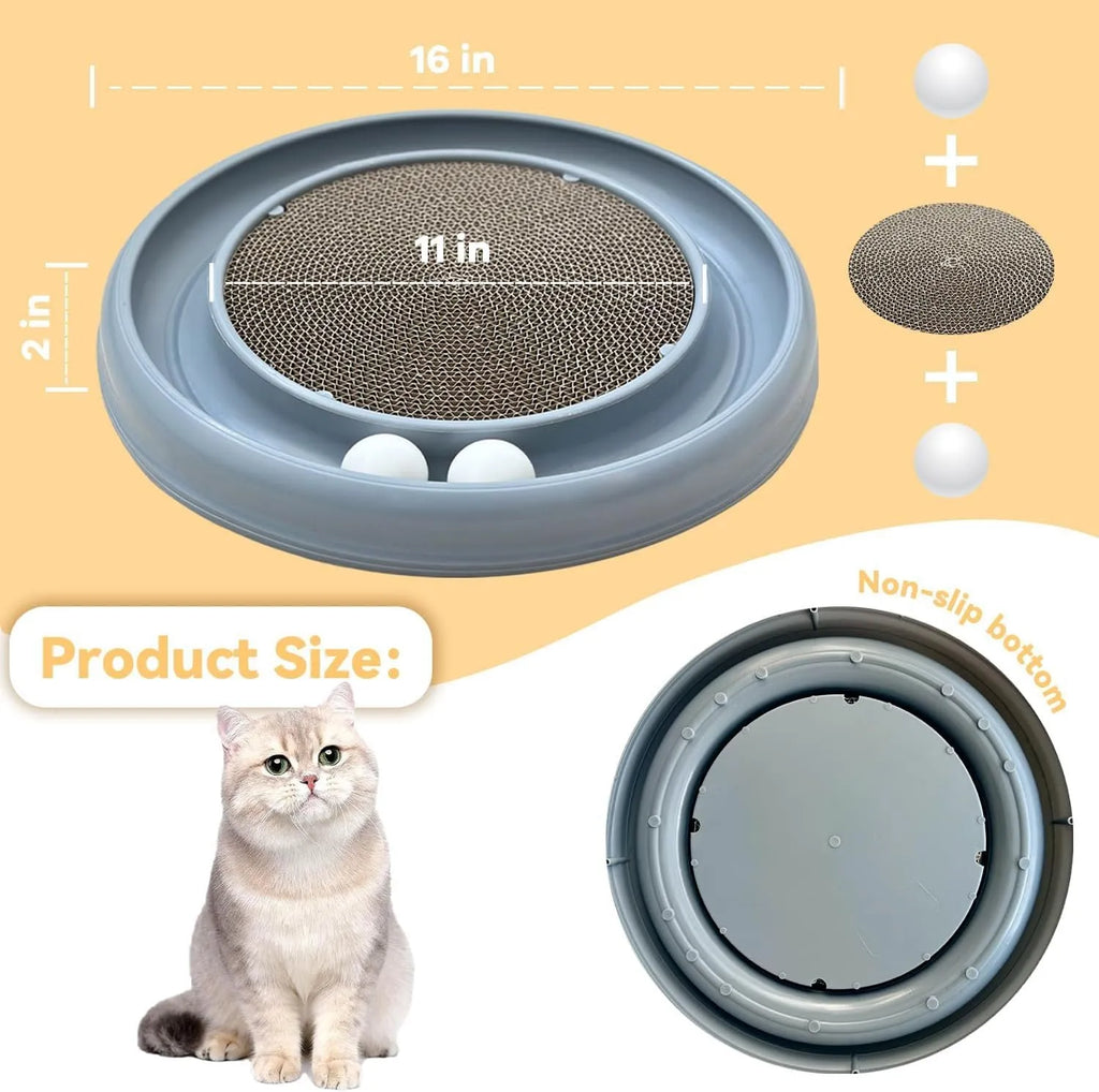 Round cat scratching board with ball track, 16 inch base, 11 inch reversible pad, Blue Gray Green or Purple.