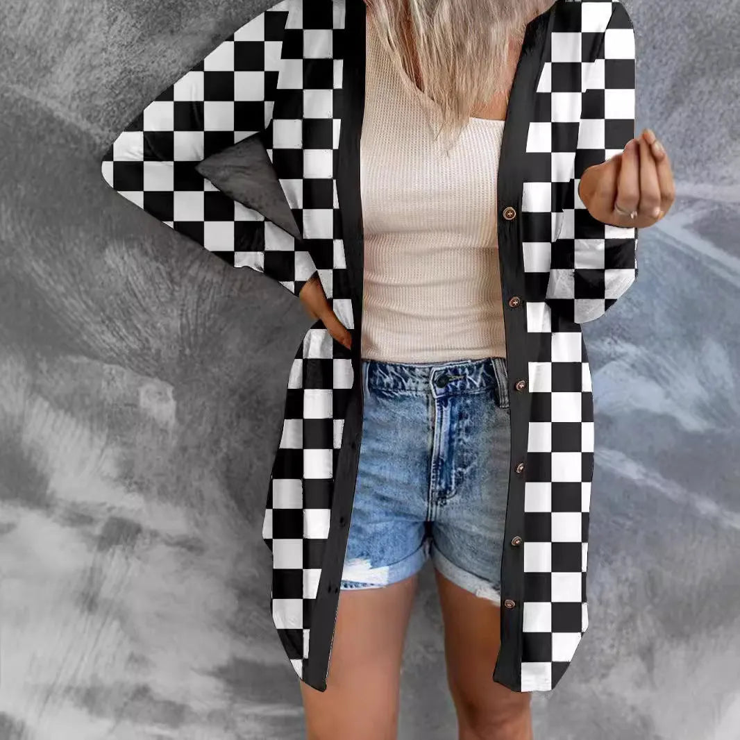 Women's long grey plaid cardigan coat with loose knit and regular sleeves, laid flat.