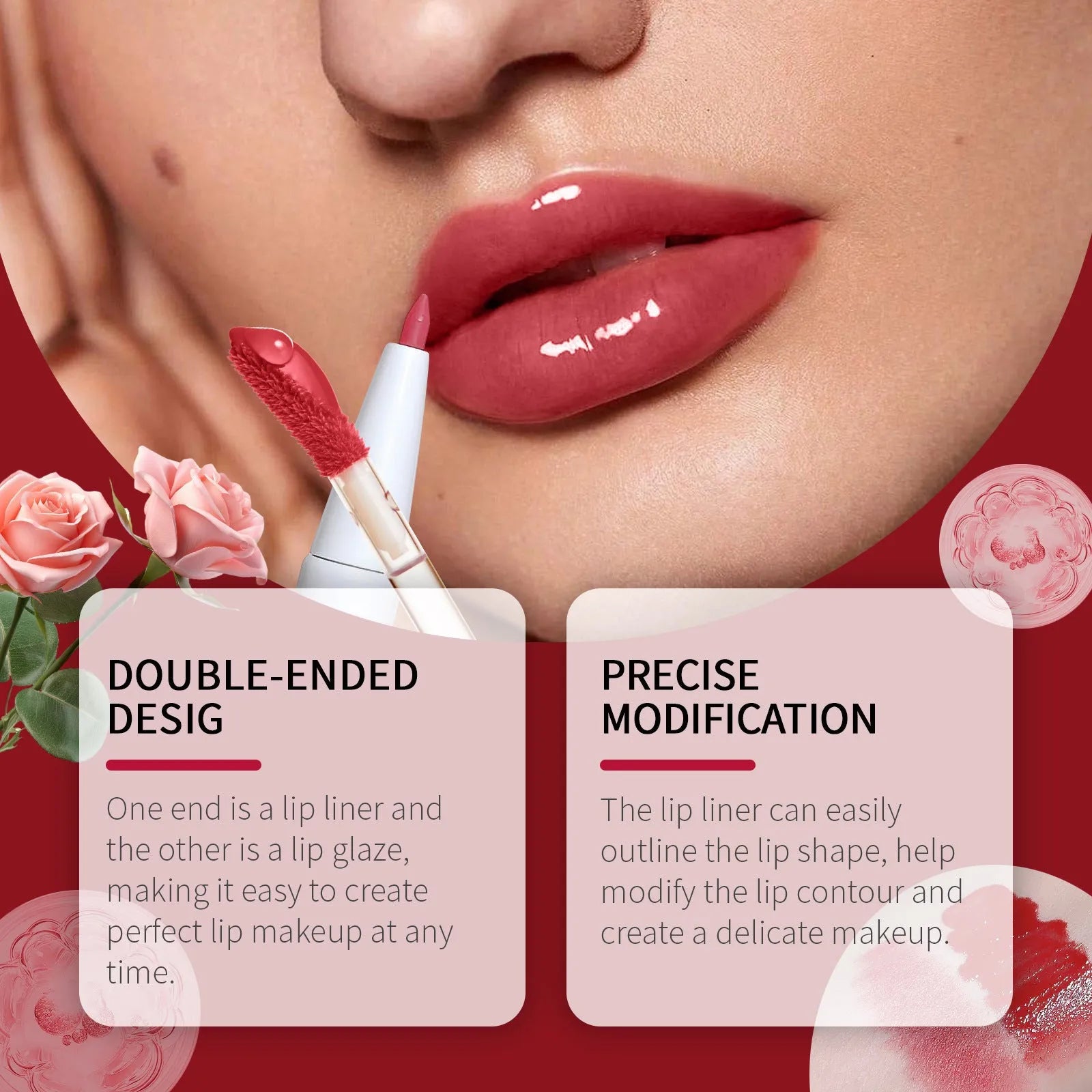 Double-headed lip liner and lip lacquer pen, a lipstick with three colour options.