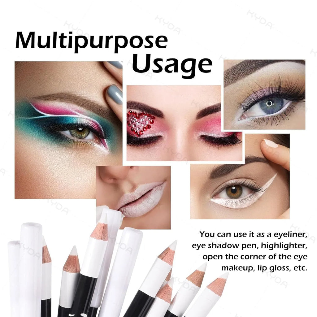 12 white and black retractable makeup pencils with a sharpener on a pink background