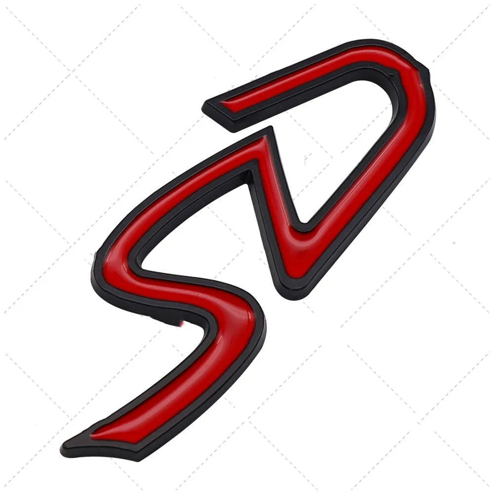 Red and silver metal SD logo car sticker for bumper modification next to a smaller D logo sticker.