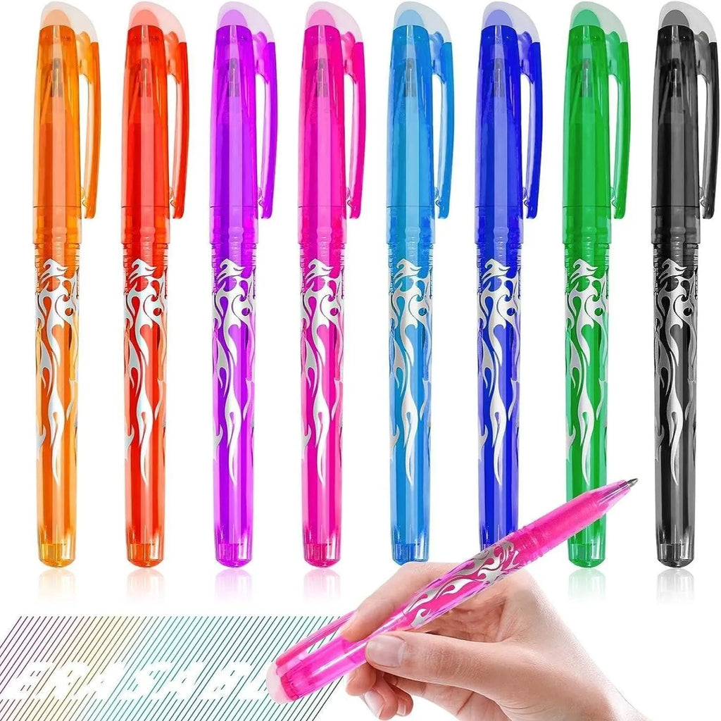 Heat-erasable gel pen with stainless steel nib in 0.5mm or 0.7mm sizes and water-based paint ink