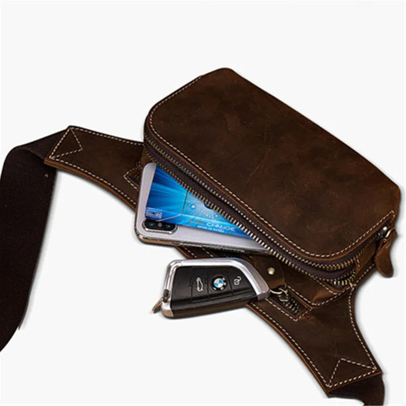 Brown leather men's sports waist bag with pull closure and phone compartment