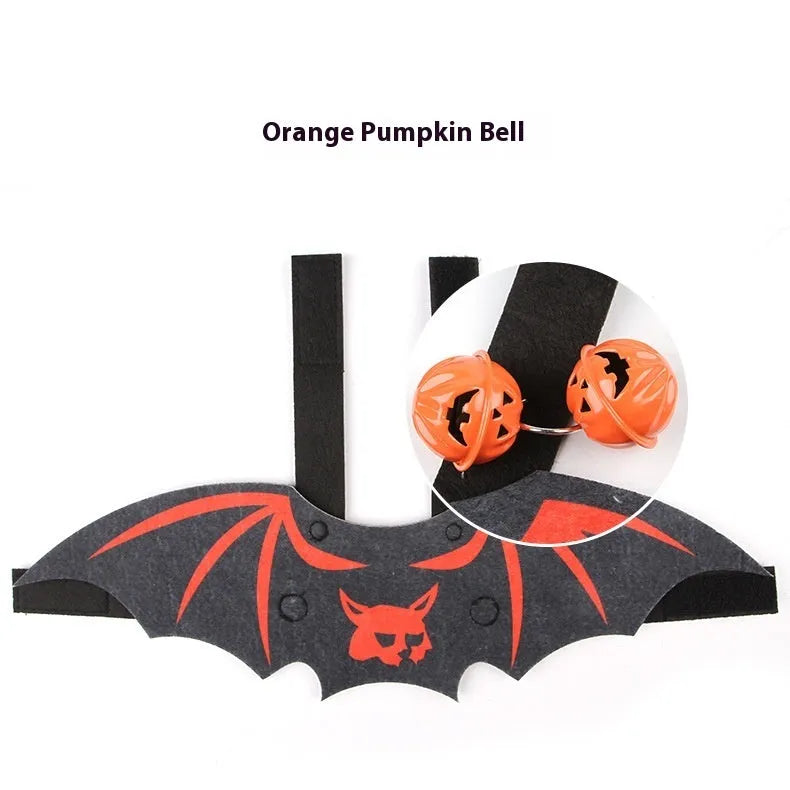 Halloween batwing costume on cat with soft felt construction and bell accessory